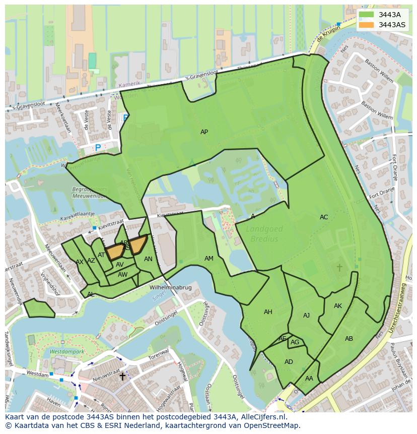 Afbeelding van het postcodegebied 3443 AS op de kaart.