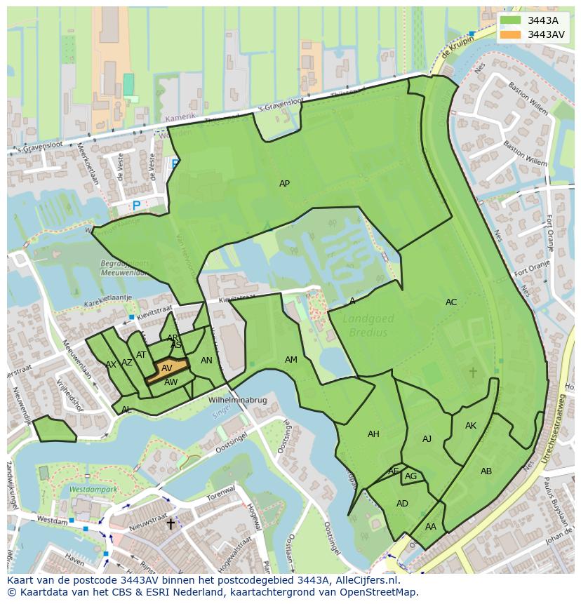 Afbeelding van het postcodegebied 3443 AV op de kaart.