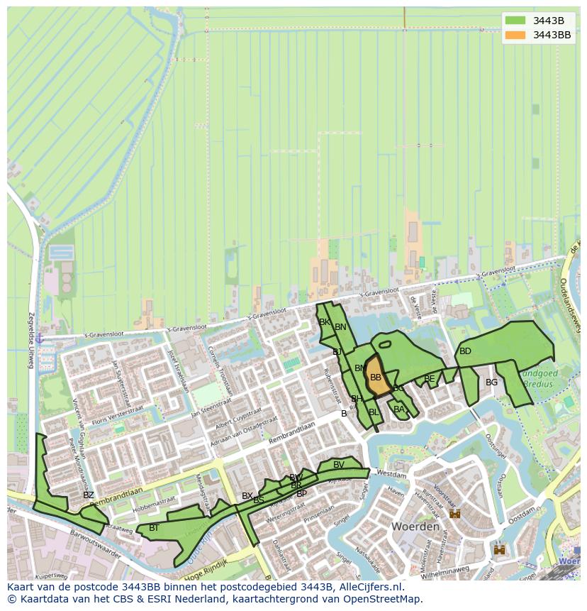 Afbeelding van het postcodegebied 3443 BB op de kaart.
