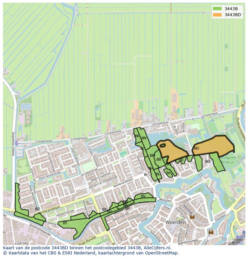 Afbeelding van het postcodegebied 3443 BD op de kaart.