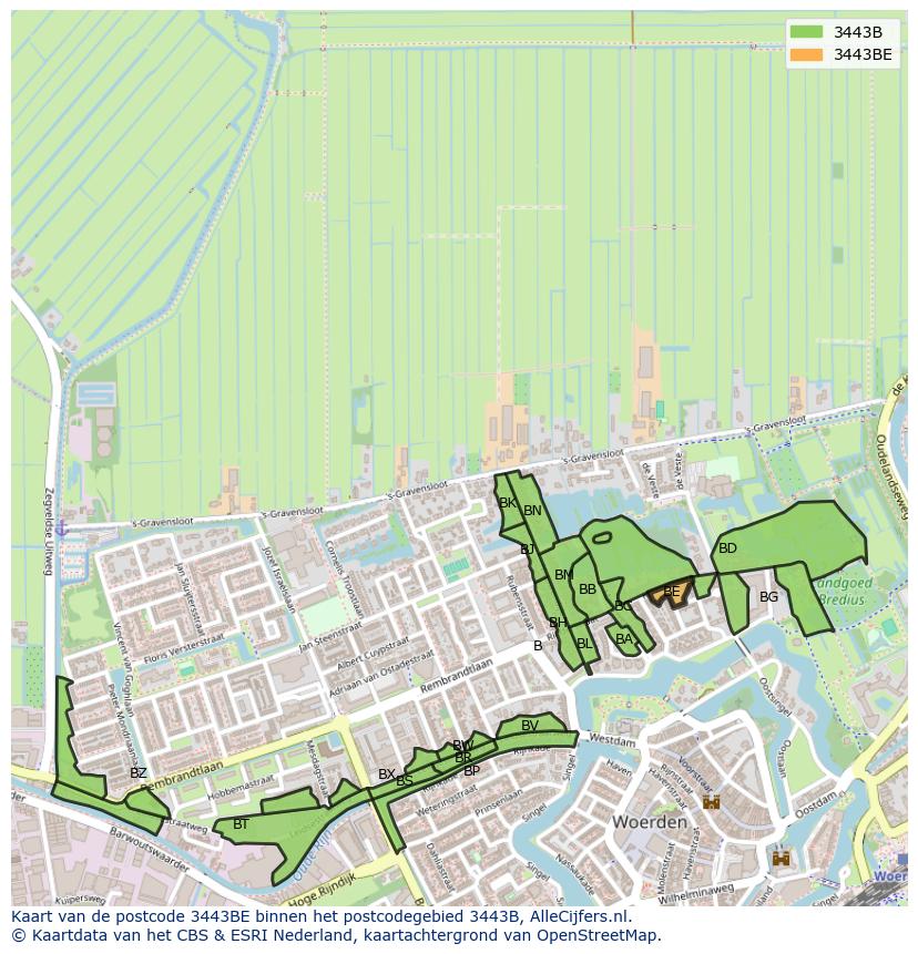 Afbeelding van het postcodegebied 3443 BE op de kaart.