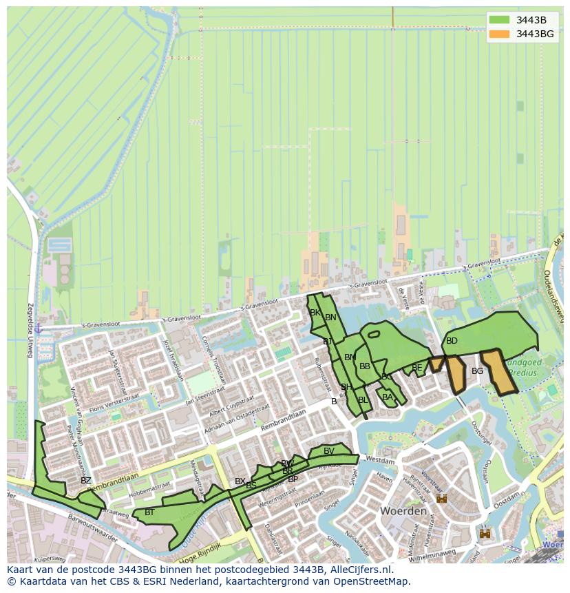 Afbeelding van het postcodegebied 3443 BG op de kaart.