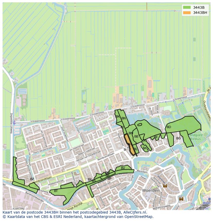 Afbeelding van het postcodegebied 3443 BH op de kaart.