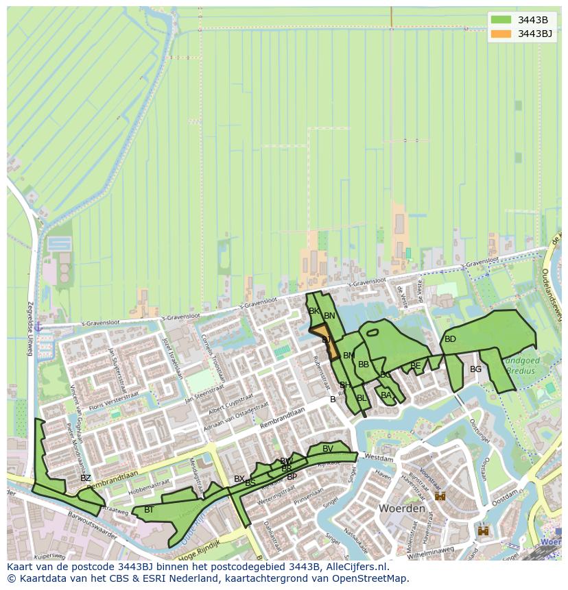Afbeelding van het postcodegebied 3443 BJ op de kaart.