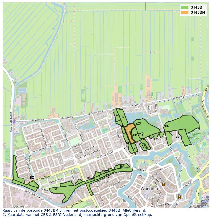 Afbeelding van het postcodegebied 3443 BM op de kaart.