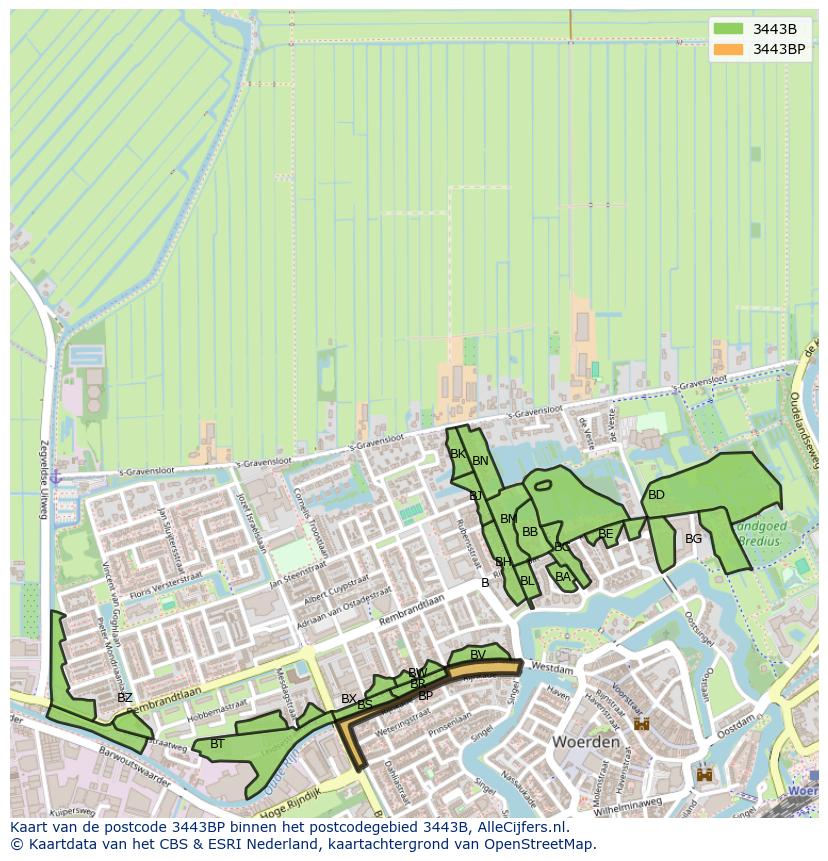 Afbeelding van het postcodegebied 3443 BP op de kaart.