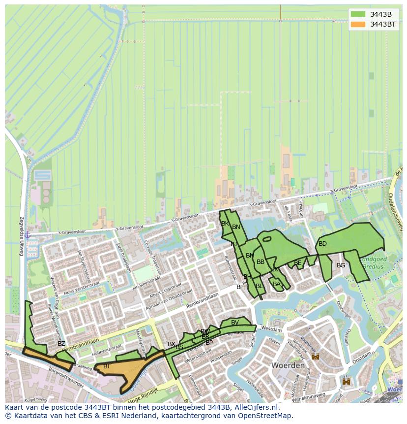 Afbeelding van het postcodegebied 3443 BT op de kaart.