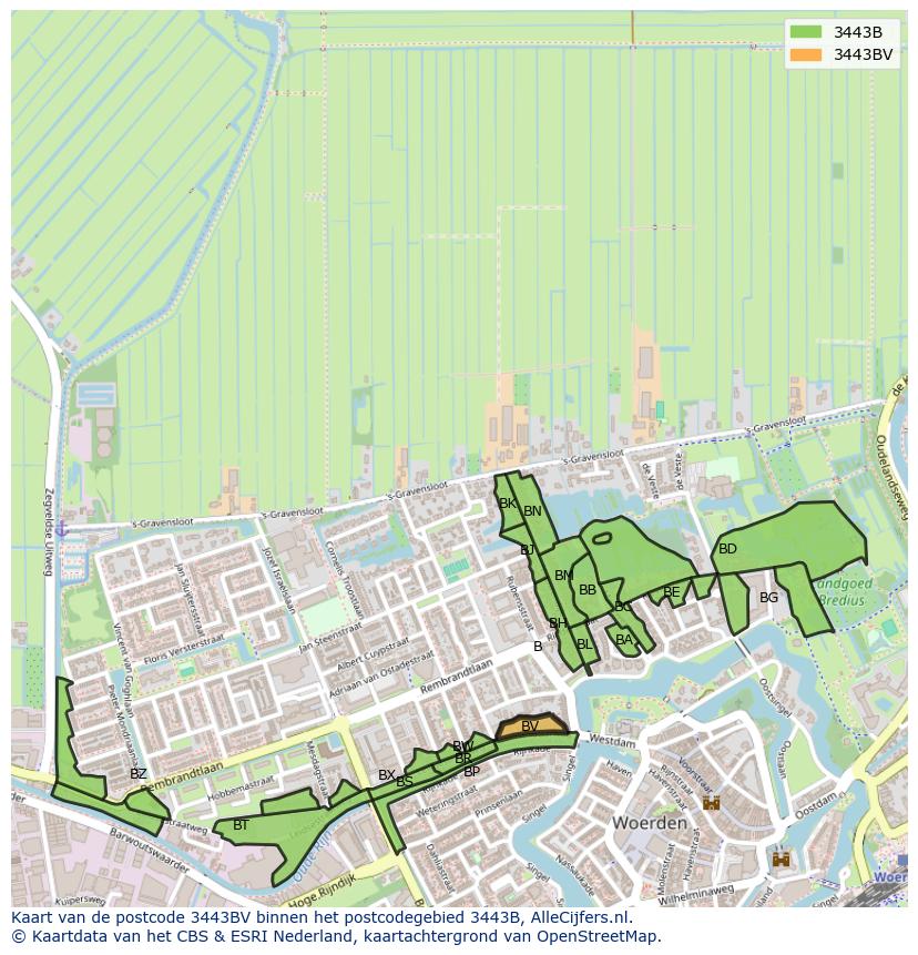 Afbeelding van het postcodegebied 3443 BV op de kaart.