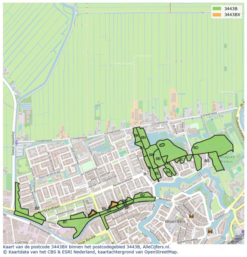 Afbeelding van het postcodegebied 3443 BX op de kaart.