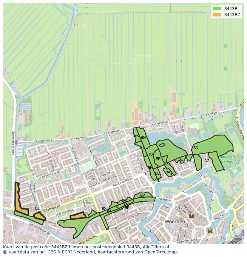 Afbeelding van het postcodegebied 3443 BZ op de kaart.