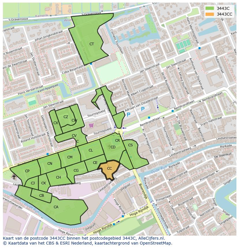 Afbeelding van het postcodegebied 3443 CC op de kaart.