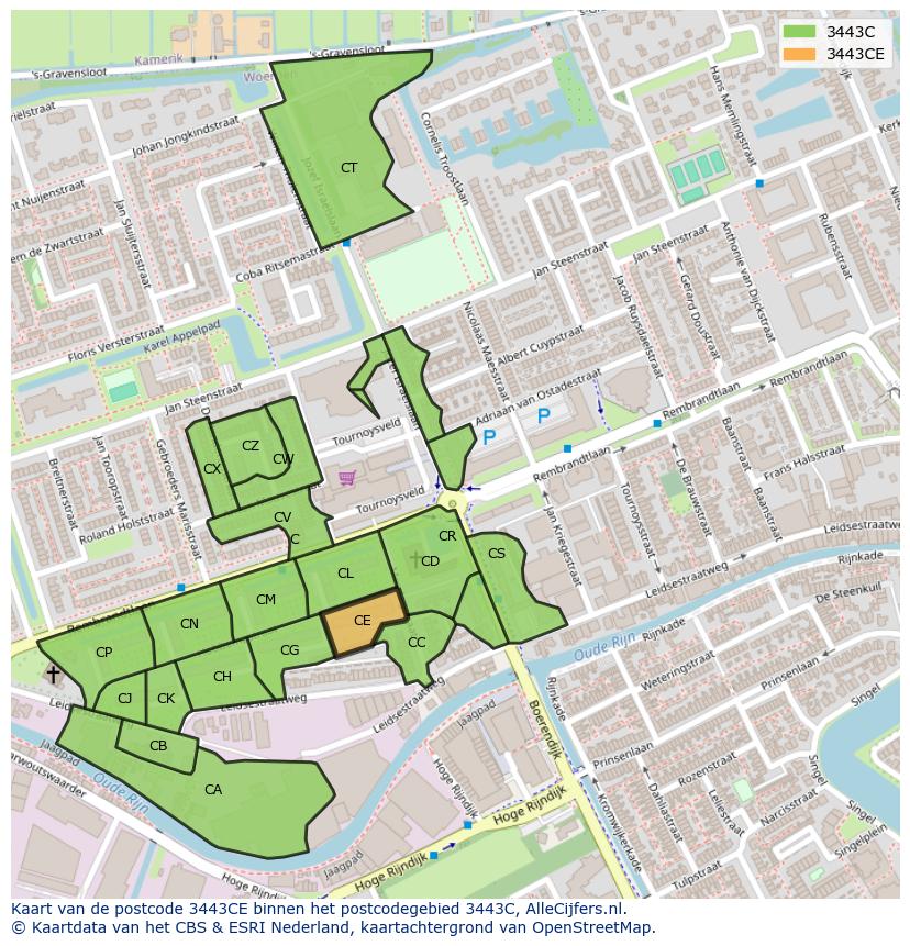 Afbeelding van het postcodegebied 3443 CE op de kaart.