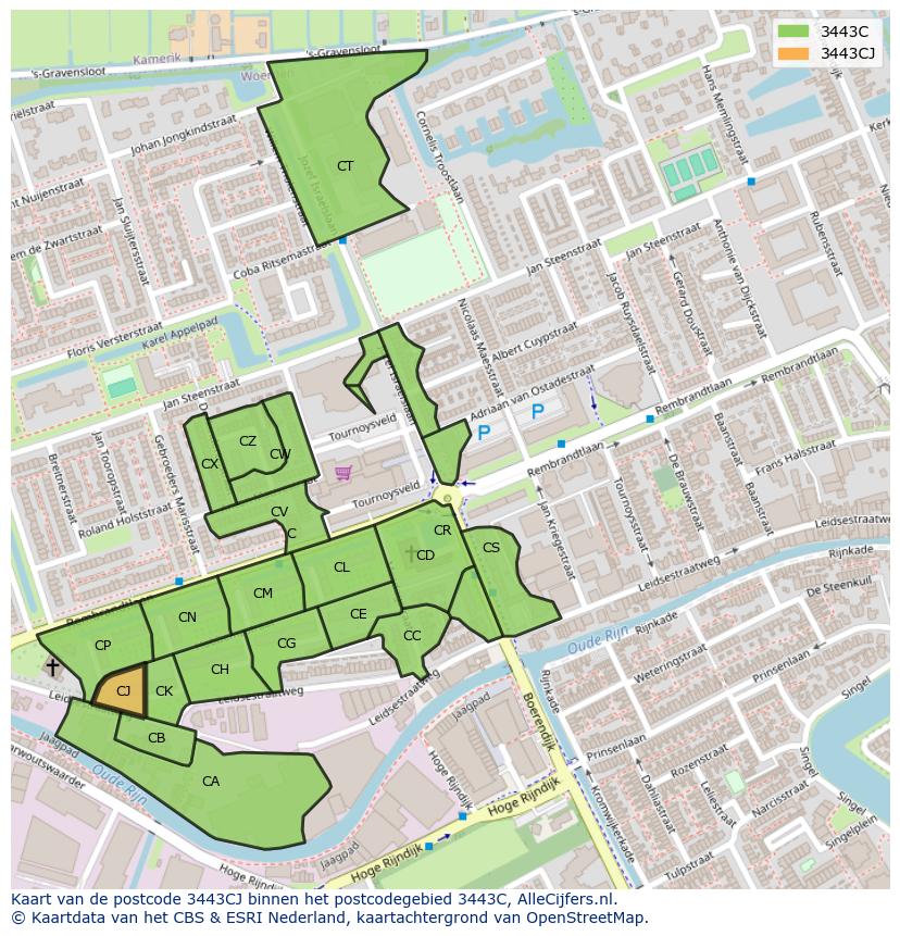 Afbeelding van het postcodegebied 3443 CJ op de kaart.