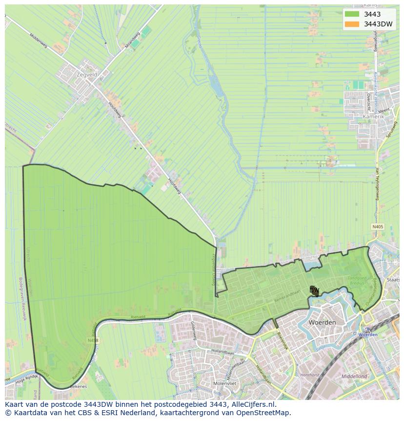Afbeelding van het postcodegebied 3443 DW op de kaart.