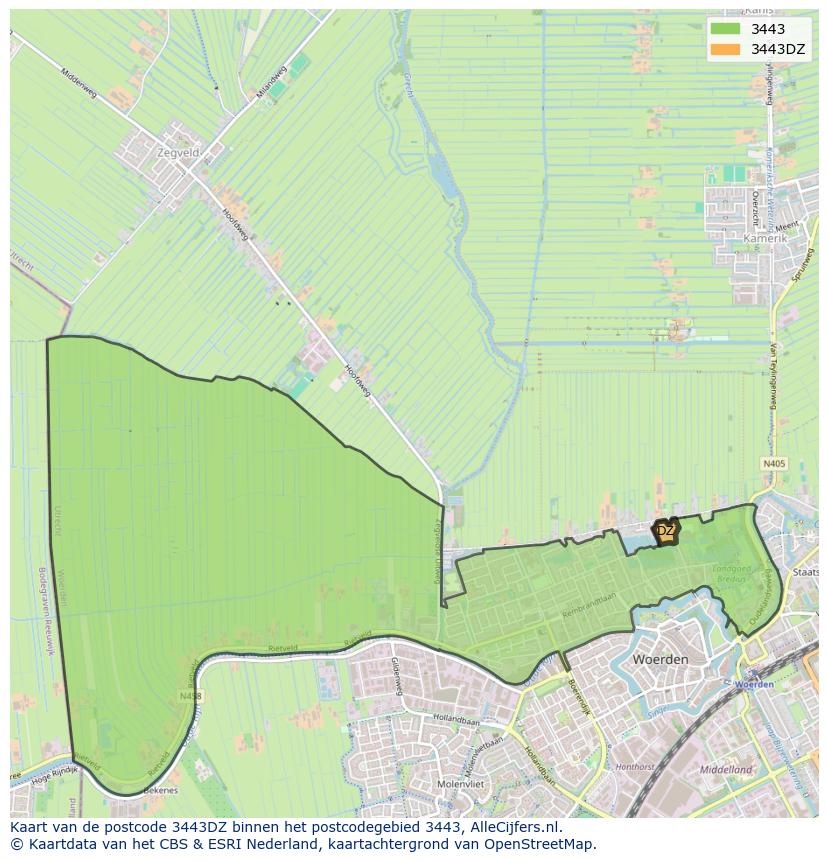 Afbeelding van het postcodegebied 3443 DZ op de kaart.