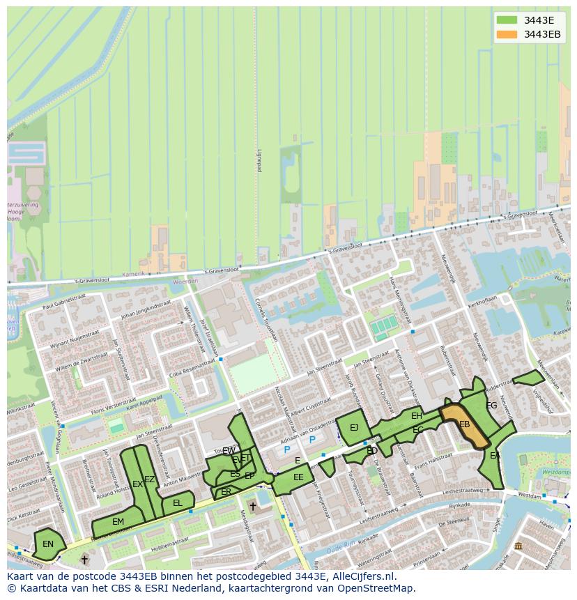 Afbeelding van het postcodegebied 3443 EB op de kaart.