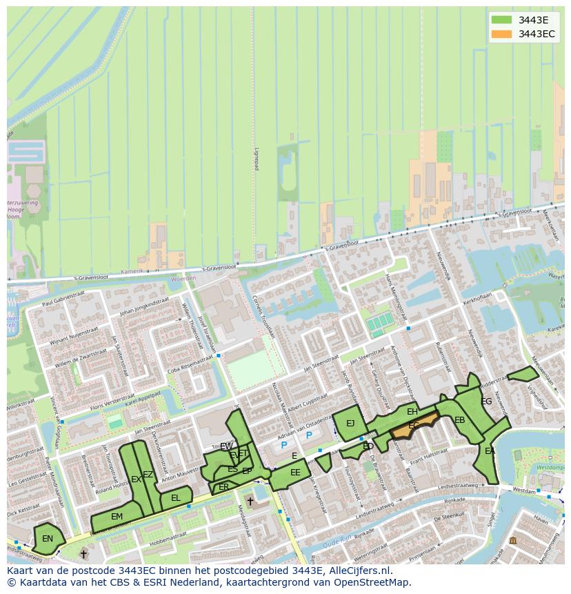 Afbeelding van het postcodegebied 3443 EC op de kaart.
