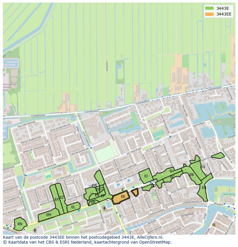 Afbeelding van het postcodegebied 3443 EE op de kaart.