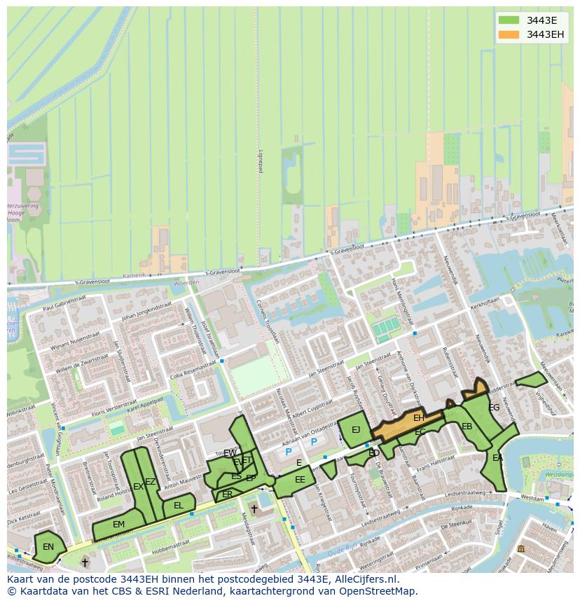 Afbeelding van het postcodegebied 3443 EH op de kaart.