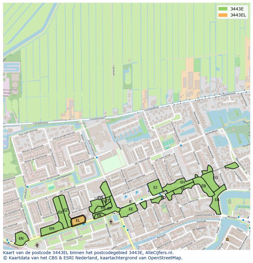 Afbeelding van het postcodegebied 3443 EL op de kaart.