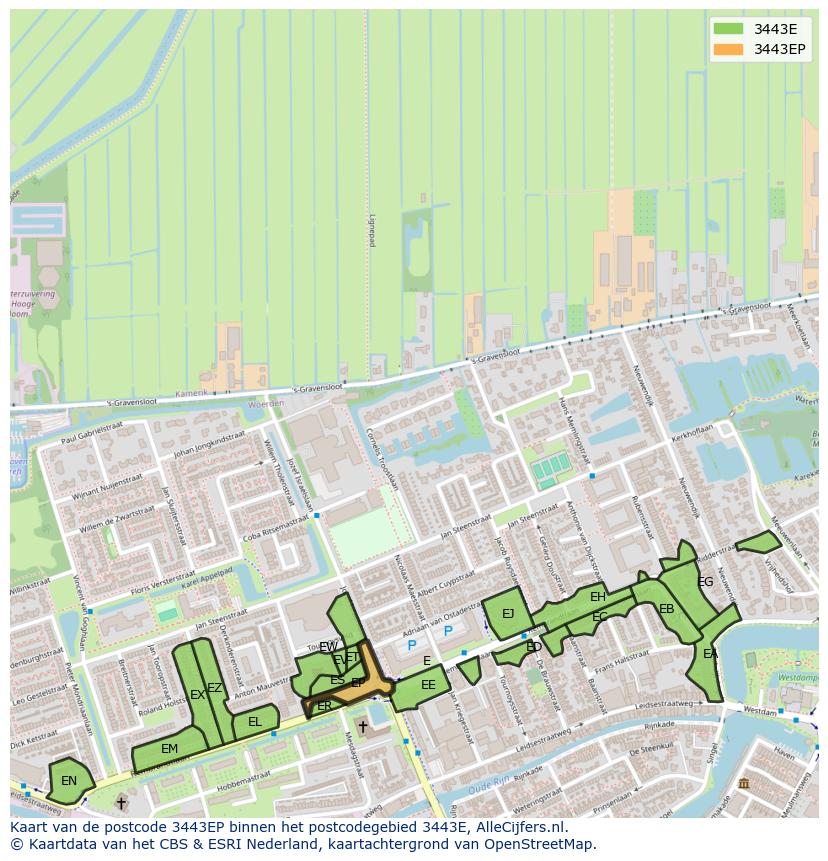 Afbeelding van het postcodegebied 3443 EP op de kaart.