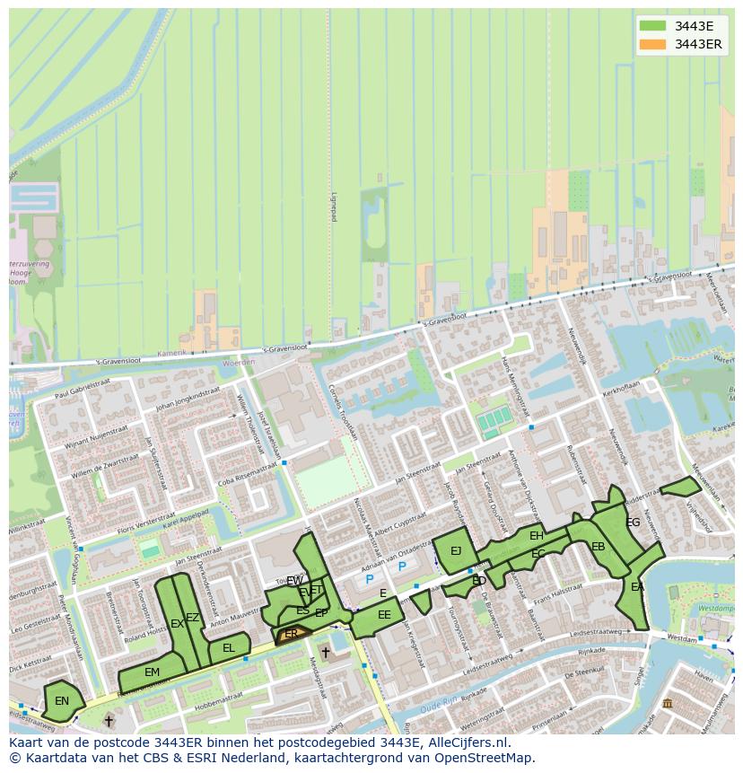 Afbeelding van het postcodegebied 3443 ER op de kaart.