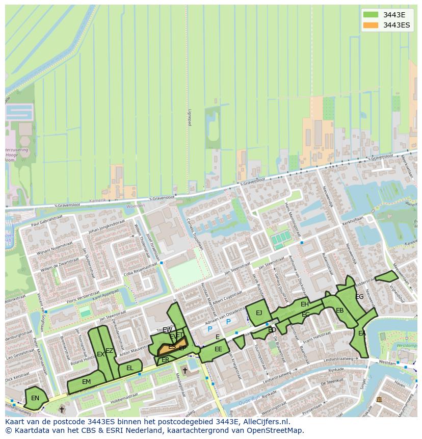 Afbeelding van het postcodegebied 3443 ES op de kaart.