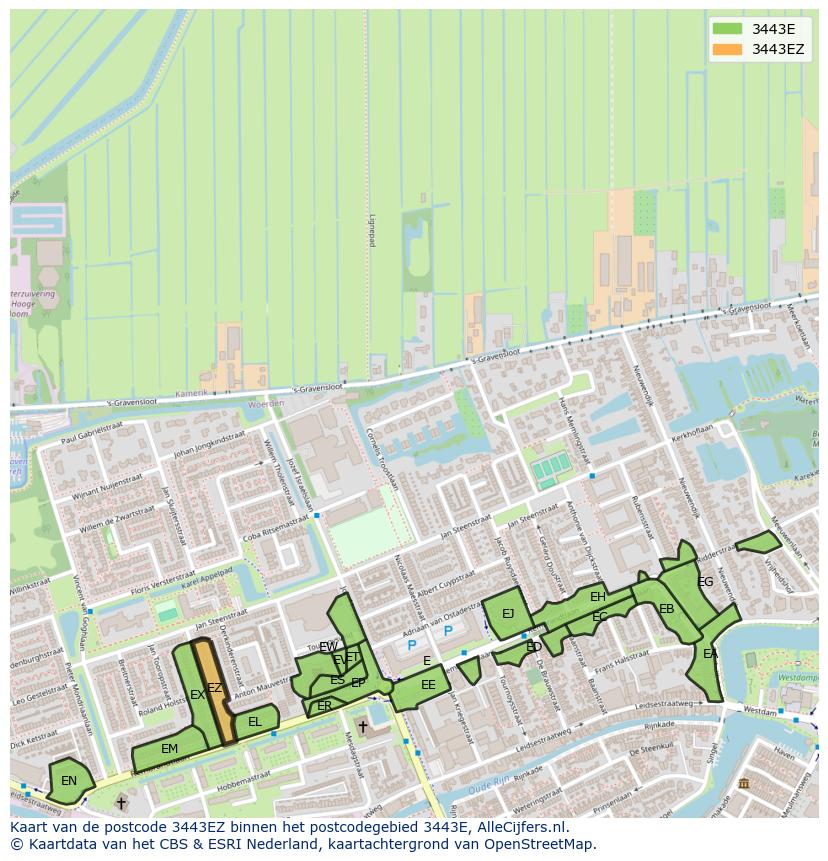 Afbeelding van het postcodegebied 3443 EZ op de kaart.