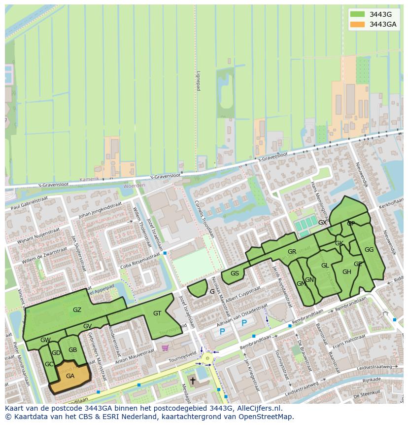 Afbeelding van het postcodegebied 3443 GA op de kaart.