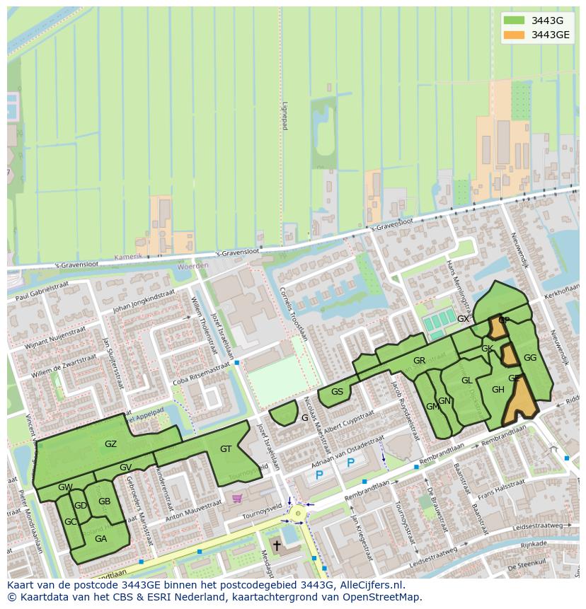 Afbeelding van het postcodegebied 3443 GE op de kaart.