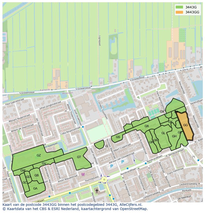 Afbeelding van het postcodegebied 3443 GG op de kaart.