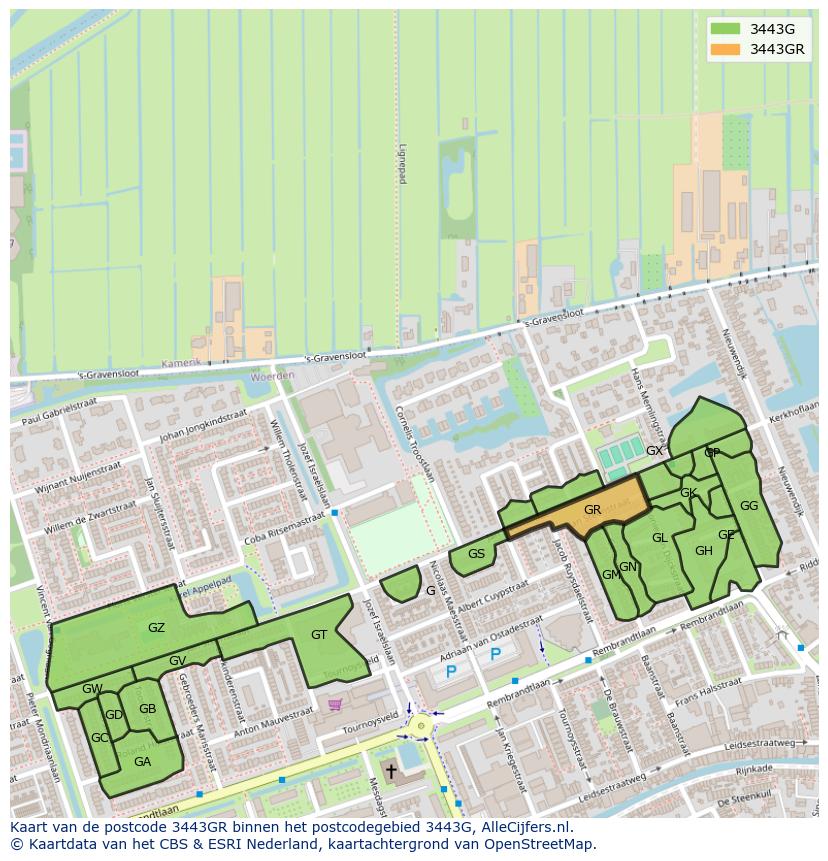 Afbeelding van het postcodegebied 3443 GR op de kaart.