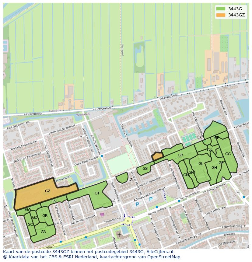 Afbeelding van het postcodegebied 3443 GZ op de kaart.