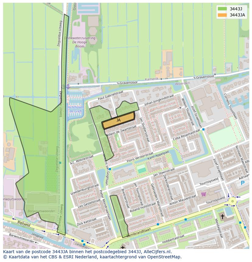 Afbeelding van het postcodegebied 3443 JA op de kaart.