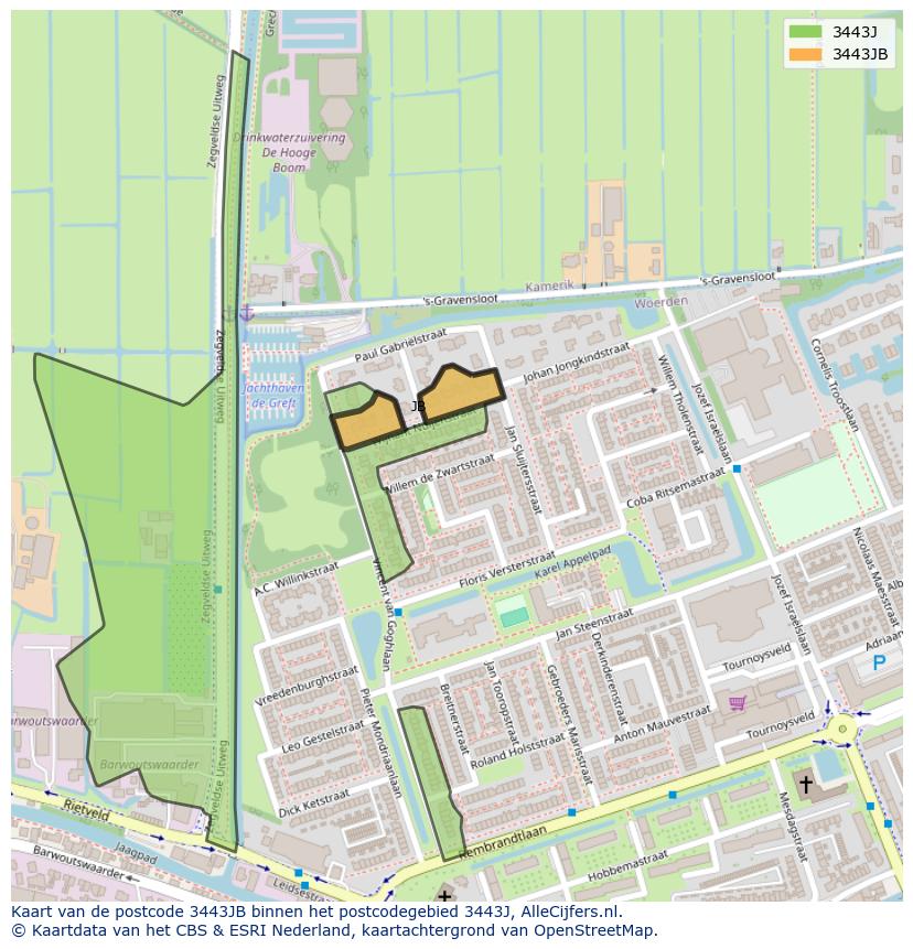 Afbeelding van het postcodegebied 3443 JB op de kaart.