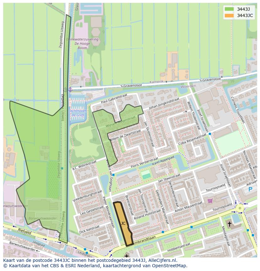 Afbeelding van het postcodegebied 3443 JC op de kaart.