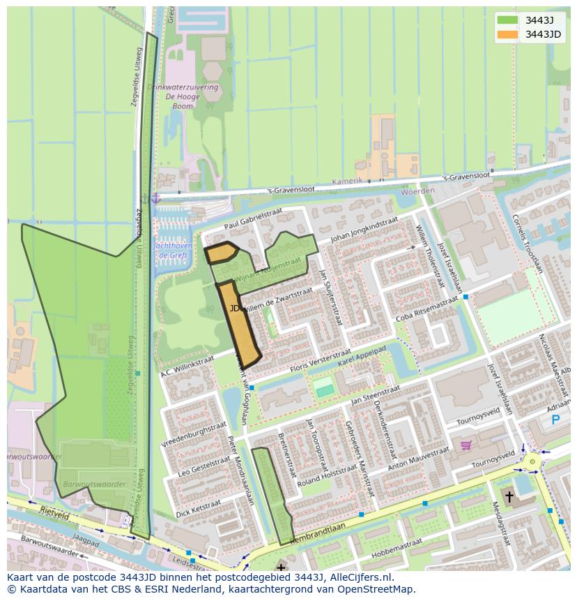 Afbeelding van het postcodegebied 3443 JD op de kaart.