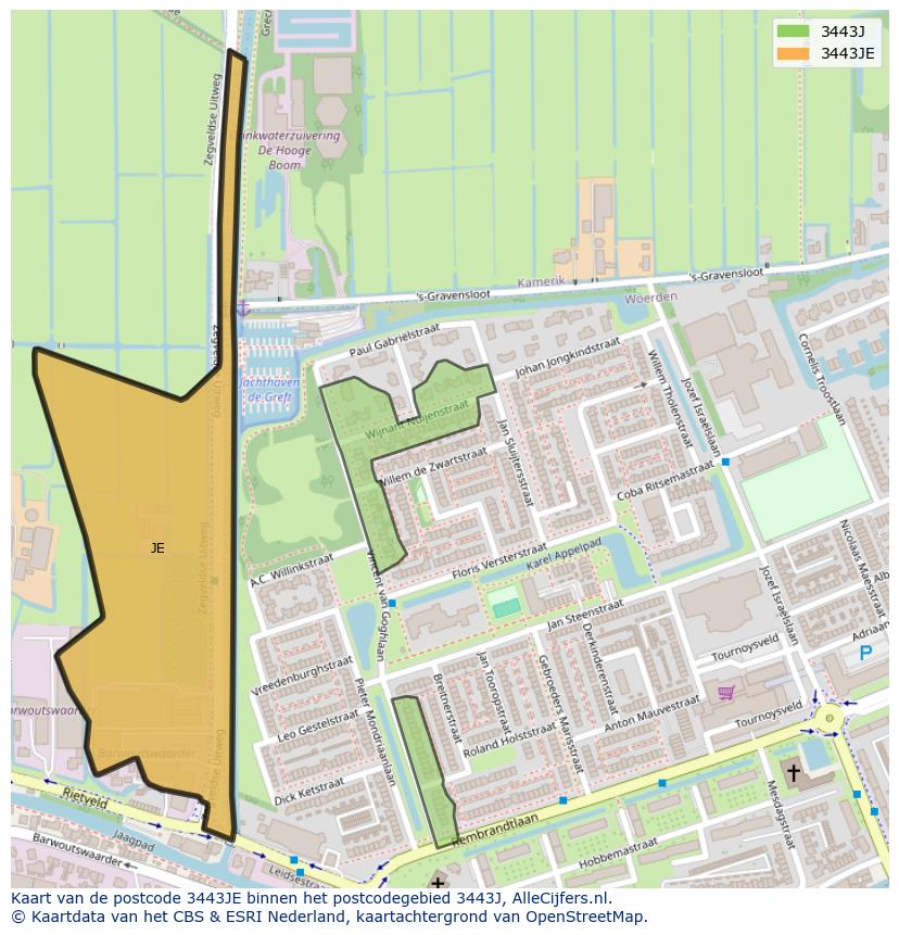 Afbeelding van het postcodegebied 3443 JE op de kaart.