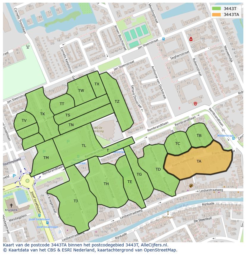 Afbeelding van het postcodegebied 3443 TA op de kaart.