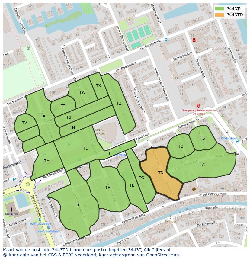 Afbeelding van het postcodegebied 3443 TD op de kaart.