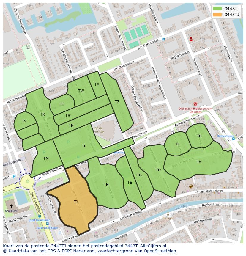 Afbeelding van het postcodegebied 3443 TJ op de kaart.