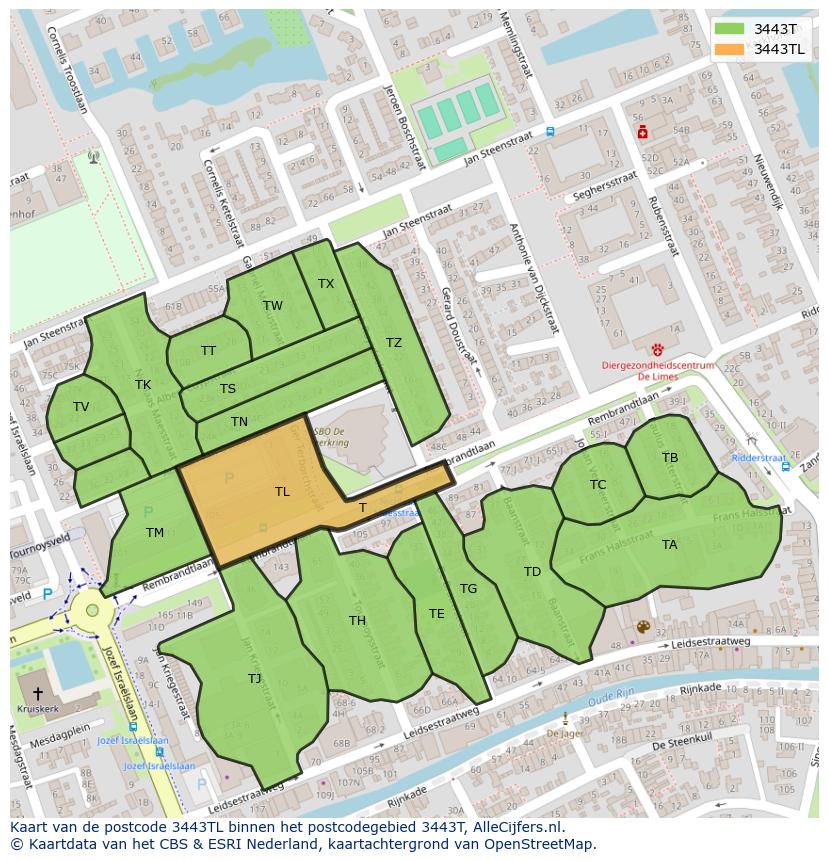 Afbeelding van het postcodegebied 3443 TL op de kaart.