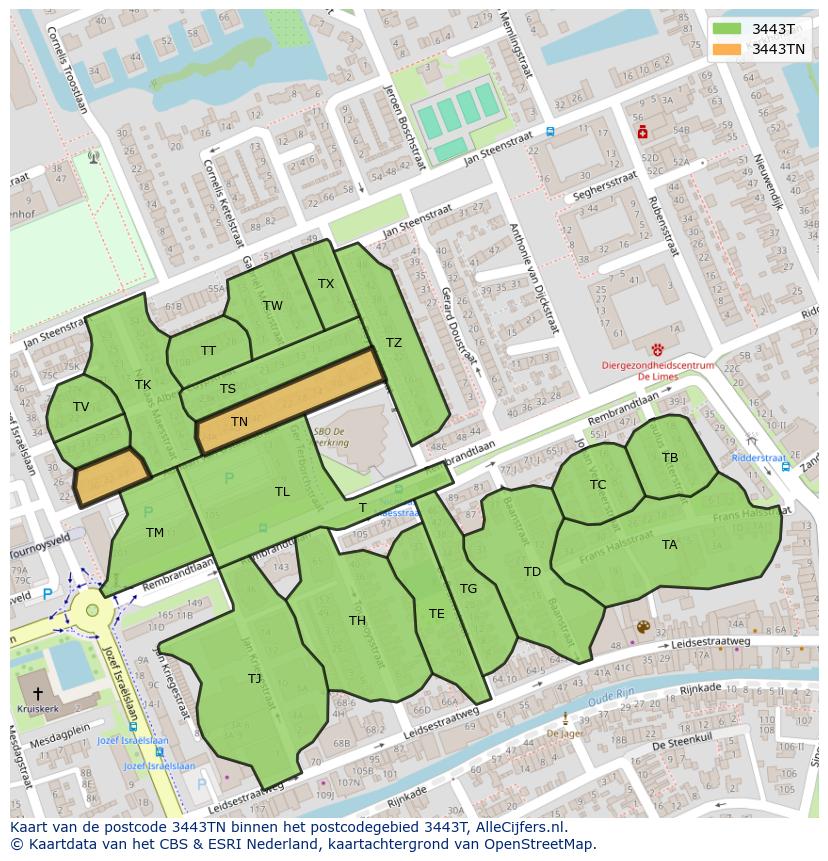 Afbeelding van het postcodegebied 3443 TN op de kaart.