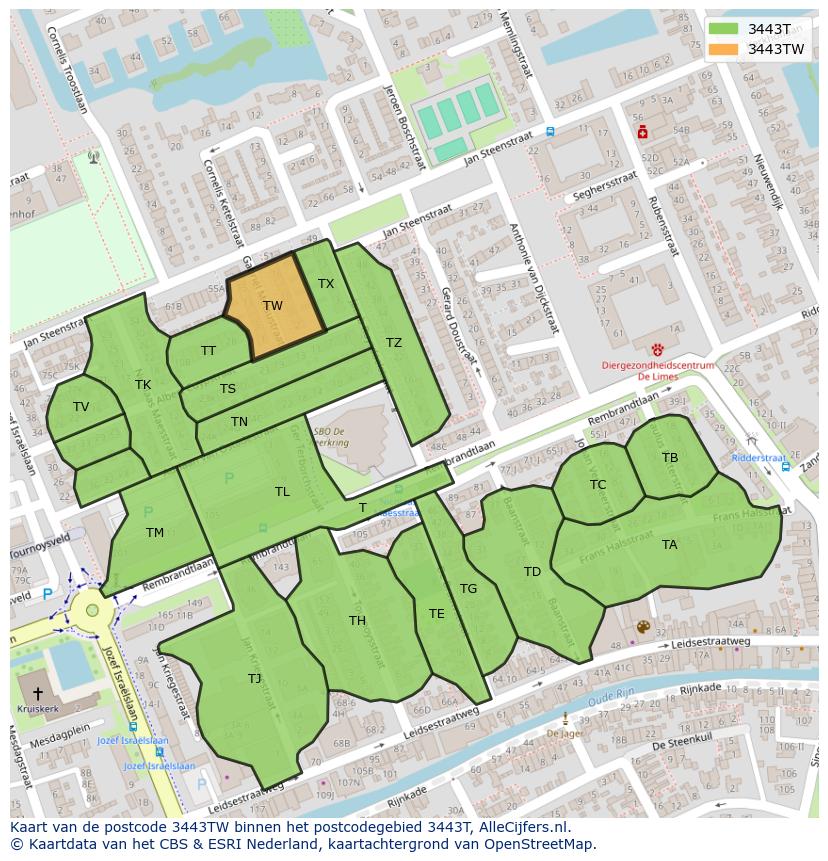 Afbeelding van het postcodegebied 3443 TW op de kaart.