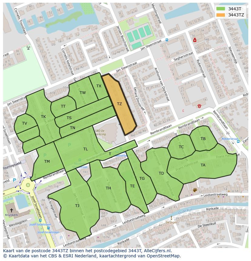 Afbeelding van het postcodegebied 3443 TZ op de kaart.