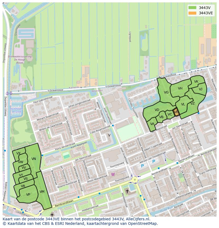 Afbeelding van het postcodegebied 3443 VE op de kaart.