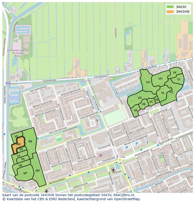 Afbeelding van het postcodegebied 3443 VW op de kaart.
