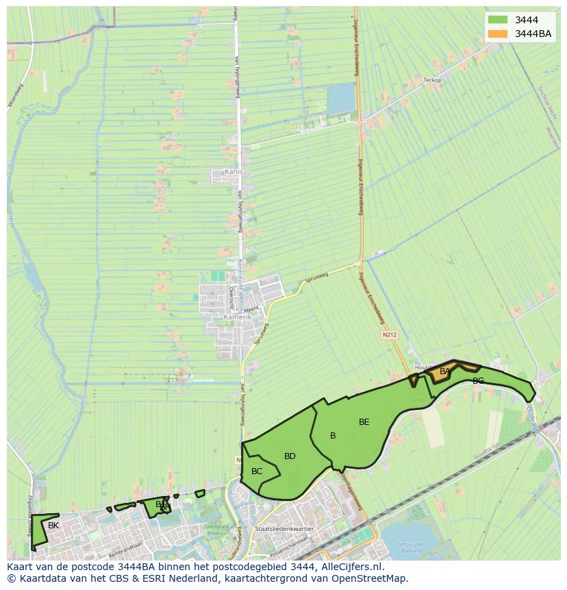 Afbeelding van het postcodegebied 3444 BA op de kaart.