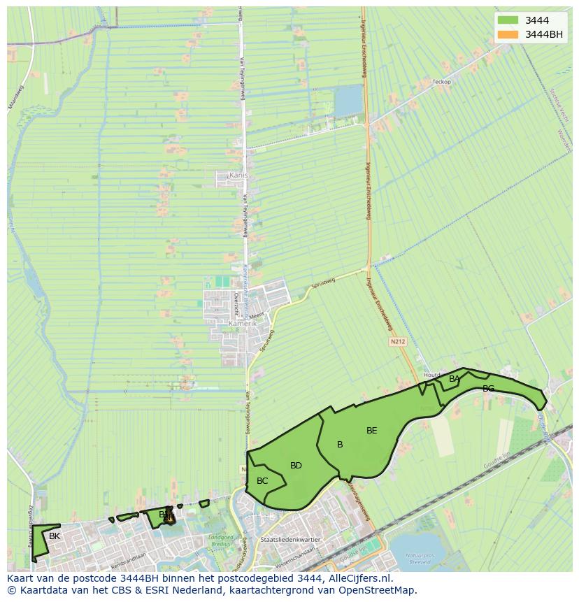 Afbeelding van het postcodegebied 3444 BH op de kaart.