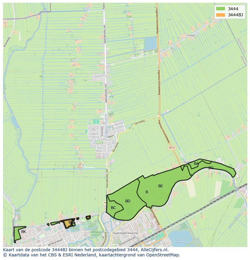 Afbeelding van het postcodegebied 3444 BJ op de kaart.